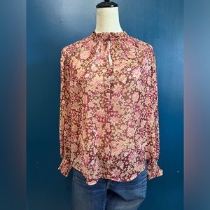 JOIE Floral High Neck Metallic Semi Sheer Long Sleeve Blouse EUC Size Small